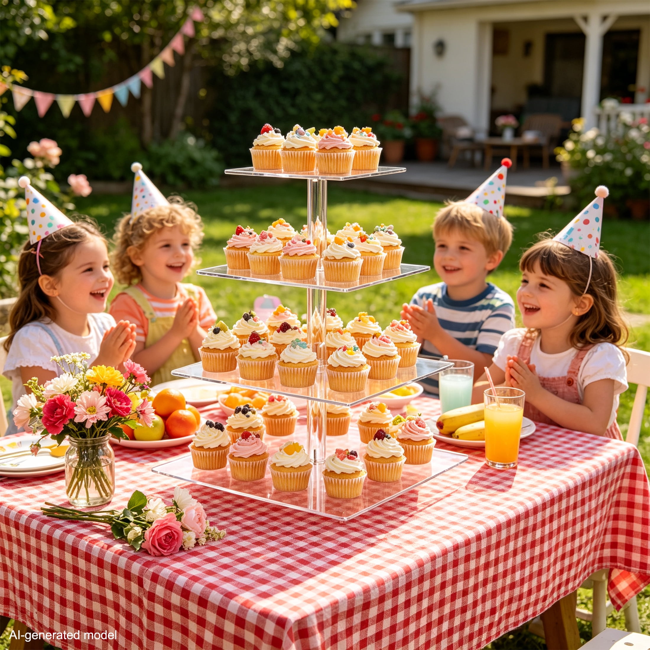 4‑Tier Square Cupcake Stand, Clear Dessert Tower Display Holder with LED Light String, Holds up to 50 Cupcakes for Birthday Wedding Party Tea Serving
