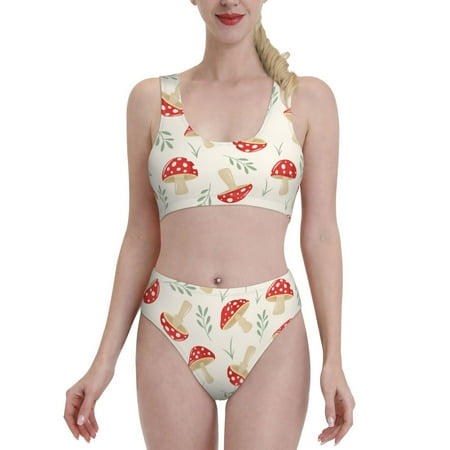 Bixox Cartoon Flat Mushrooms Pattern Two-Piece Sports Bikini with U-Shaped Top and High-Waist Bottom - Women s Swimwear with Removable Bra Pads