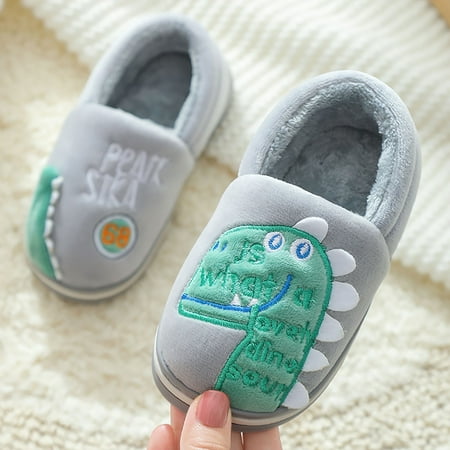 

Dinosaur Indoor Shoes Girls Boys Slippers Warm Dinosaur House Cute And Cozy Plush Winter Cotton House Anti Slip Shoes Gray 14-15