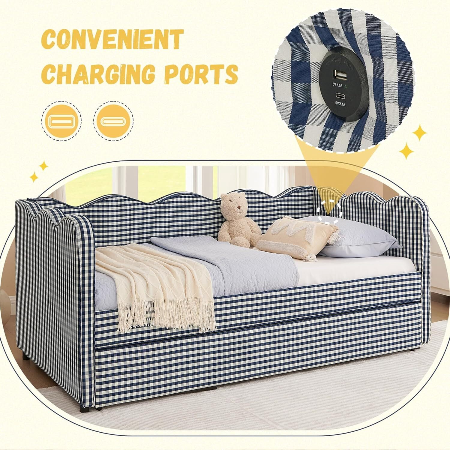 avobird Cozy Gingham Daybed with Trundle Twin Size Sofa Bed for Living Room, Sleeper Sofa with USB Port and Adorable Wave Shaped, Linen Fabric, Navy Blue