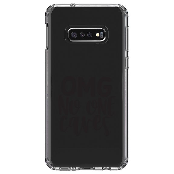 DistinctInk Clear Shockproof Hybrid Case for Samsung Galaxy S10e (5.8" Screen) - TPU Bumper Acrylic Back Tempered Glass Screen Protector - OMG No One Cares - Black