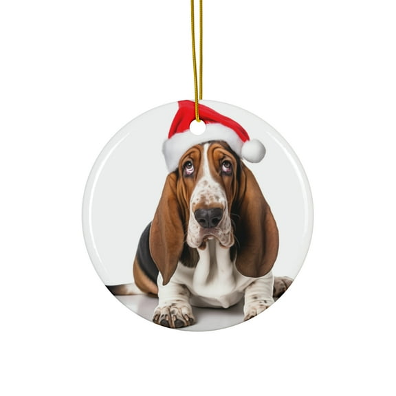 DistinctInk Hanging Ceramic Christmas Tree Ornament with Gold String - Great Gift/Present - 2 3/4 inch Diameter - Basset Hound Design