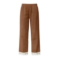 thumbnail image 5 of PiGOGI Women's Solid Ruffle Elastic High Waist Cotton Linen Long Pants, Casual Loose Trousers with Pockets, Daily/Beach/Vacation Wide Leg Coffee XL, 5 of 5