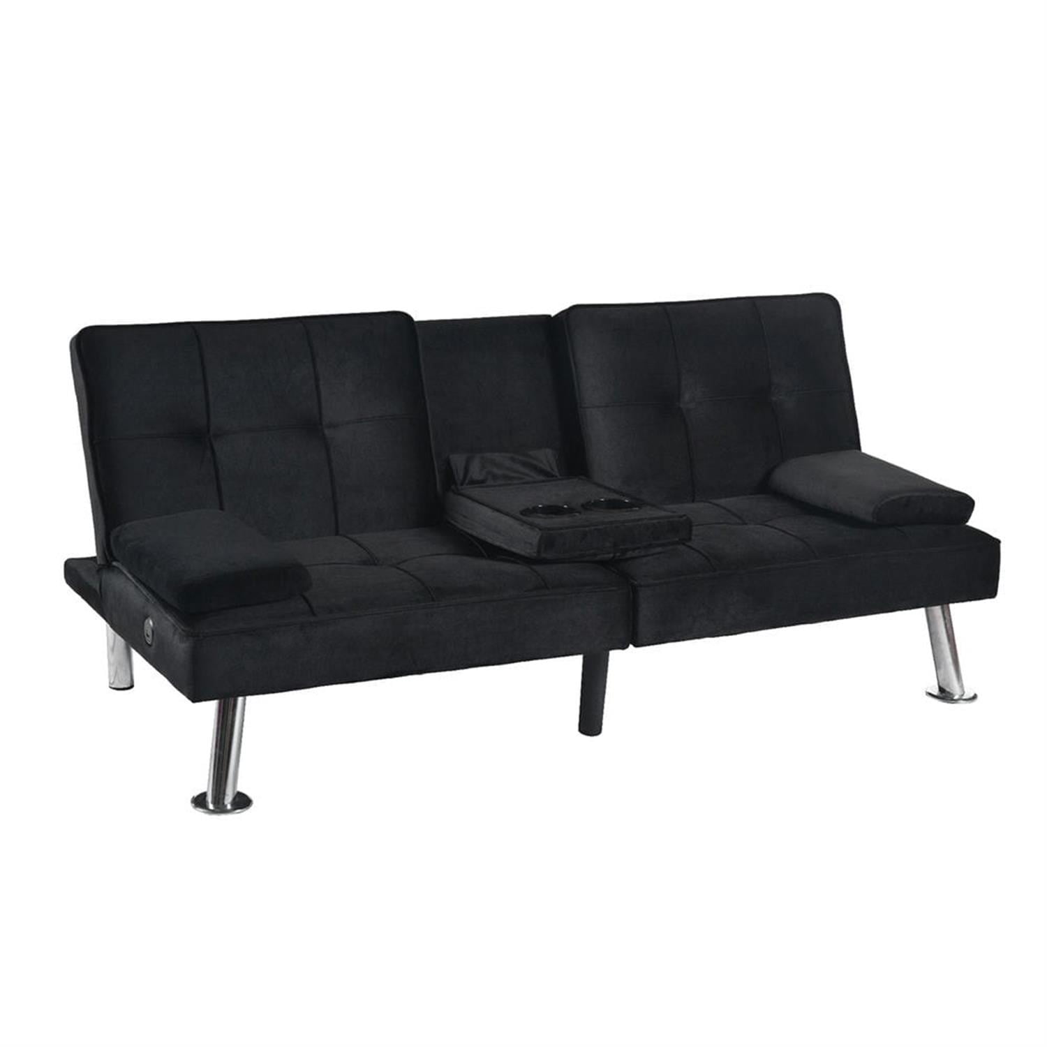 Demi Bonn Futon Sofa Bed, Velvet Futon Couch for Living Room, Recliner Sleeper Sofa with 2 Cup Holders, Removable Armrests, Metal Legs, Black