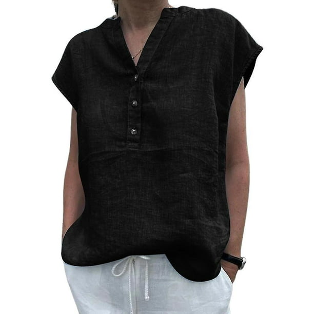 Women Cotton Linen Shirt Summer Loose Short Sleeve Lapel Blouse