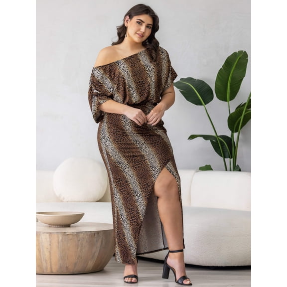 Plus Size Animal Batwing Sleeve Front Slit Maxi Dress