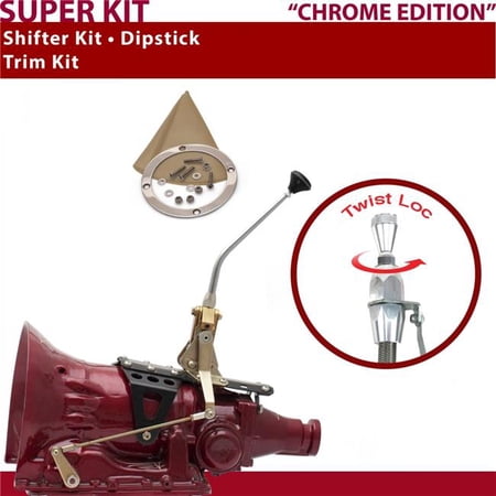 American Shifter 4L60 Shifter Kit 10 in. Trim Kit Dipstick Chrome Push Button Tan Boot Ringed Knob for D77C4