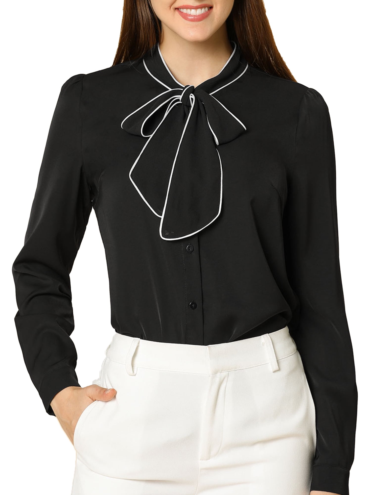 DARING DIVA Women's Contrast Color Button Down Long Sleeve Tie Neck Shirt XL Black