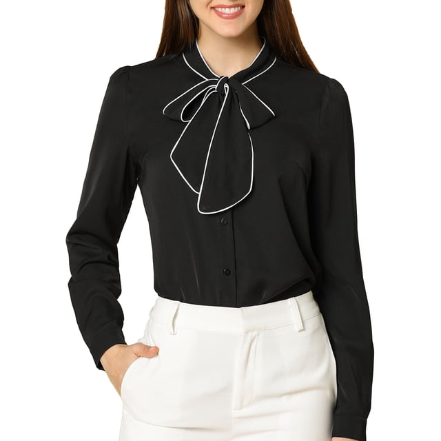 INSPIRE CHIC Blouse Chemise à Manches Longues de Travail pour Femme à Col Noué Boutonnée L Noir