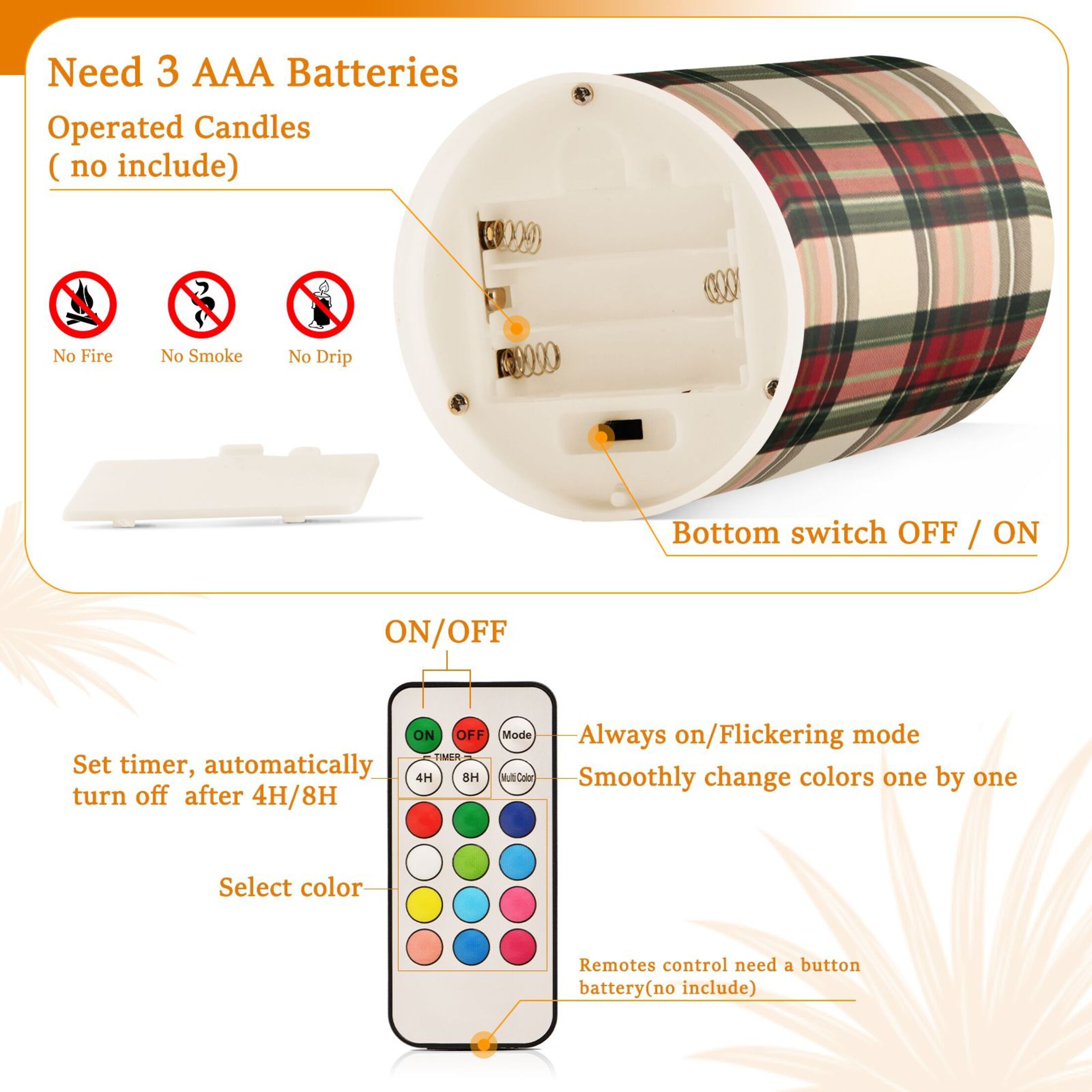 Plaid Pattern with Mixture Colors Flickering Flameless Candles LED Tealight Battery Operated with Remote Set of 2 Holiday Decor Ornaments