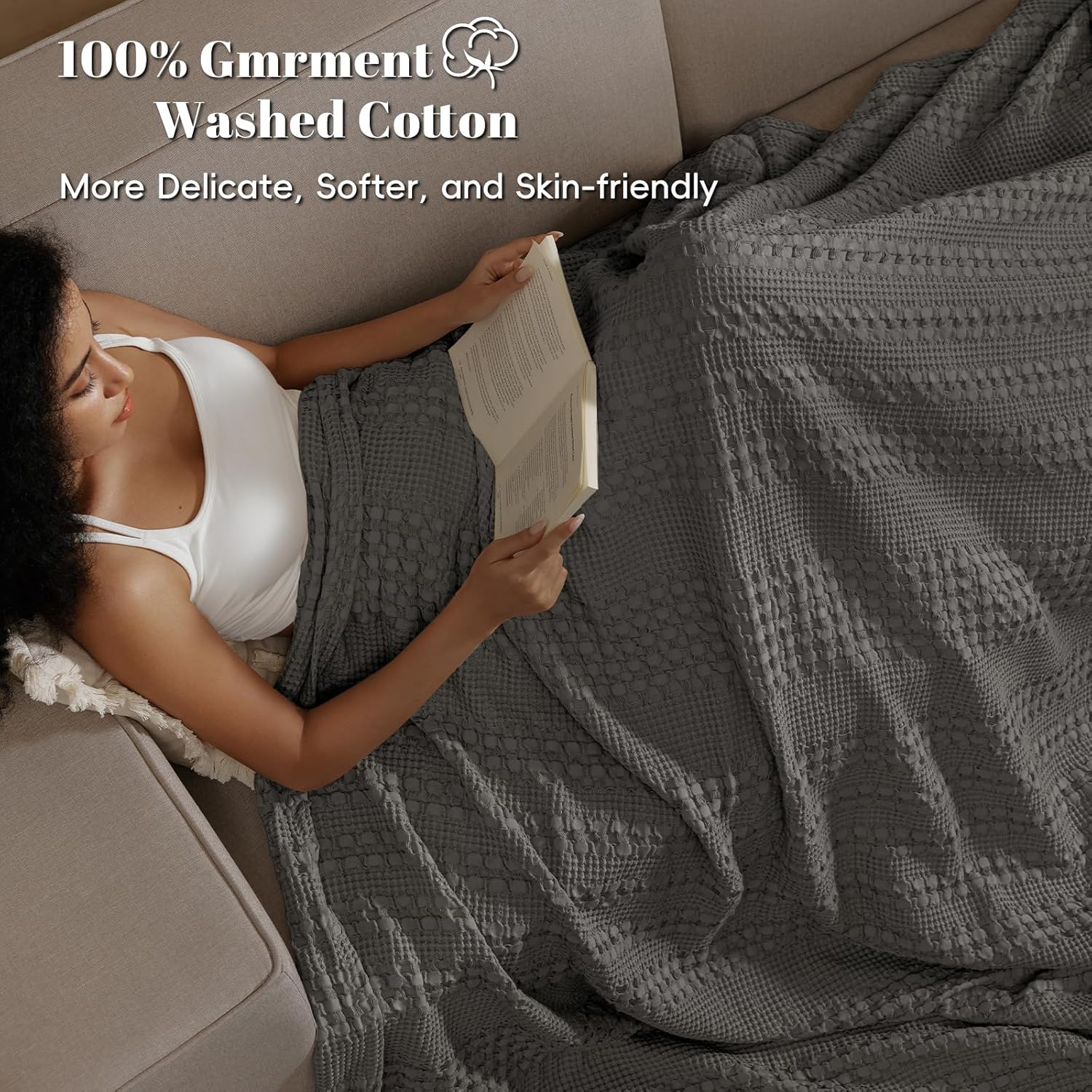 PHF 100% Cotton Waffle Weave Blanket, Lightweight Queen Washed Blanket for Bed Sofa Home Decor, Charcoal Grey, 90"x90"