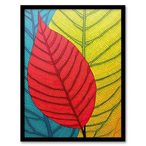 Close Up Leaves Gond Painting Style Artwork Red Blue Yellow Line Drawing Stylised Patterns Art Print Framed Poster Wall Decor 12x16 inch