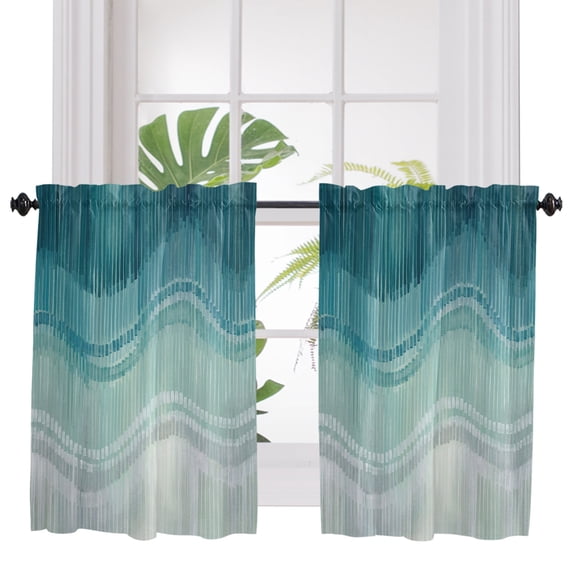 Blue Abstract Art Bathroom Window Curtain, Modern Stripes Moire Light Filtering Coffee Kitchen Curtains, Bedroom Living Room Curtains 2 Panel 84"x45"