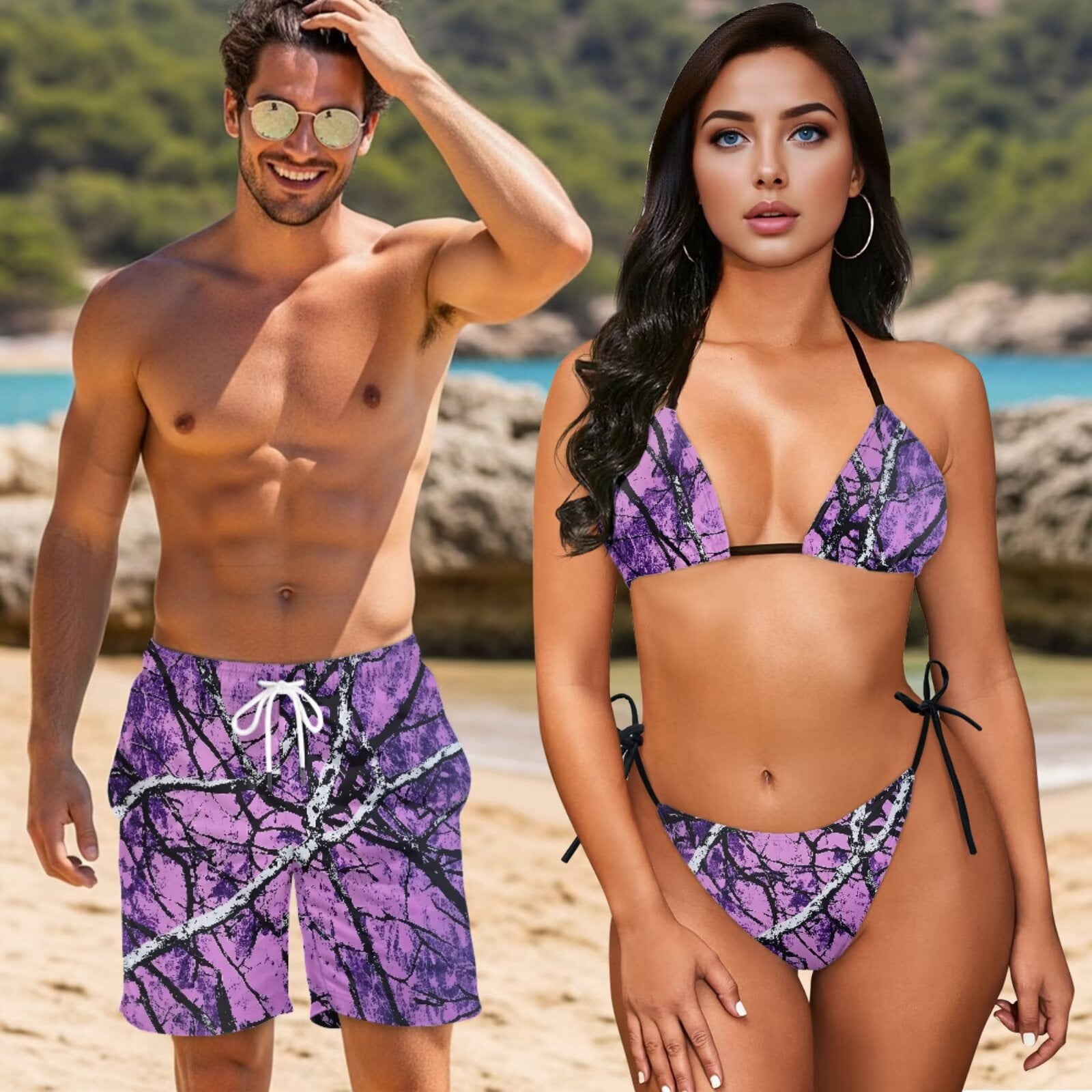 Uourmeti Matching Swimsuits for Couples Camo Hunting Branch Print Swim Trunk Men Swim Shorts Bathing Suit Camouflage Couples Swimwear Matching His and Her for Beach/Party