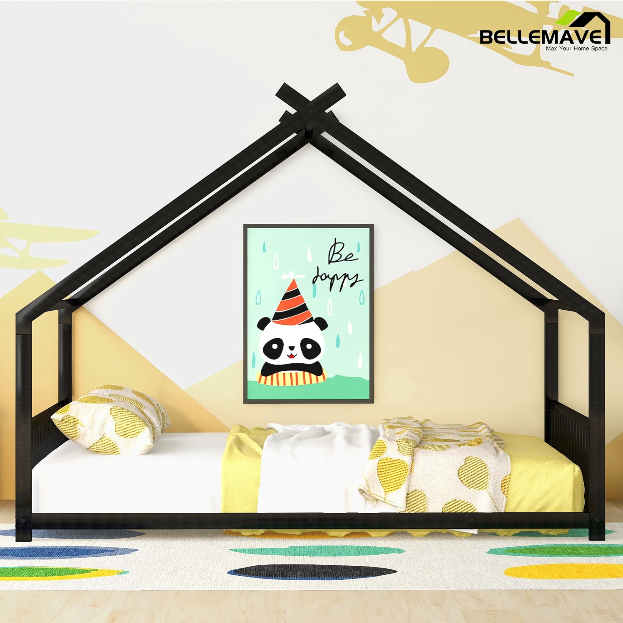 Bellemave Full Size Metal House Bed with Headboard and Footboard Montessori House Bed, Metal Floor Bed with Roof, No Box Spring Needed, Black
