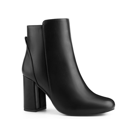 BLISSFUL STEP WOmen's Ankle Boots Chunky Heel Round Toe Side Zipper Faux Leather Boots Black 9