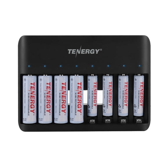 Tenergy TN477U 8 Bay Fast Charger 4pcs 1.2 Volts AA and 4pcs 1.2 Volts AAA Rechargeable Batteries