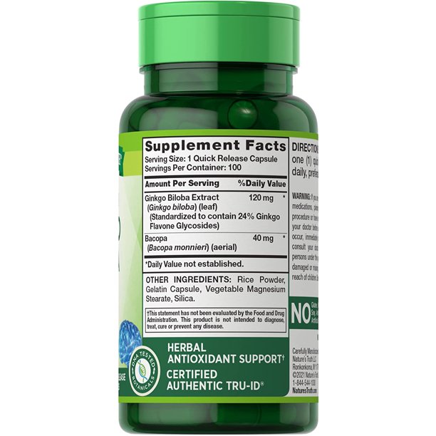 Nature's Truth Gingko Biloba w/ Bacopa Monnieri Extract, 100ct, 2Pack