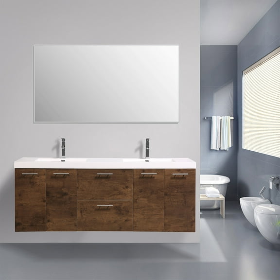 Eviva Luxury 84 inch Rosewood Bathroom Vanity with Integrated Acrylic Sinks