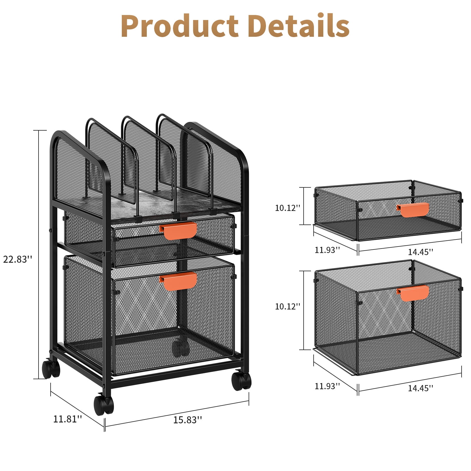 Marbrasse Rolling File Cart with 2 Drawers – Metal Moving Storage Cabinet, 3-Tier Mesh Office Organizer with Lockable Casters, Black Mobile File Organizer for Home, Office