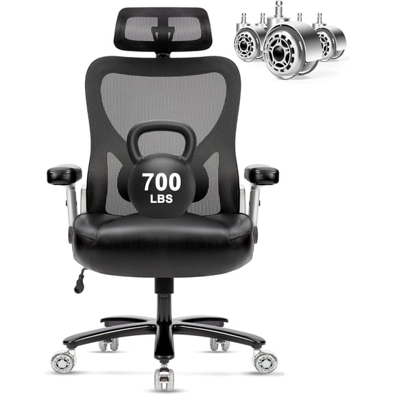 Super Big and Tall Office Chair 700lbs- Heavy Duty Executive Computer Chair with Rubber Wheels 3D Flip Arms, Ergonomic Mesh High Back Desk Chair, Extra Wide Seat Adjustable Lumbar Support&Headrest