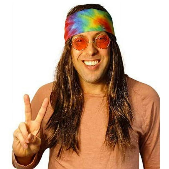 HandinHandCreations Hippie Dark Brown Wig Costume with Tie Dye Bandana 60s 70s Hippy Woodstock Festival Gear