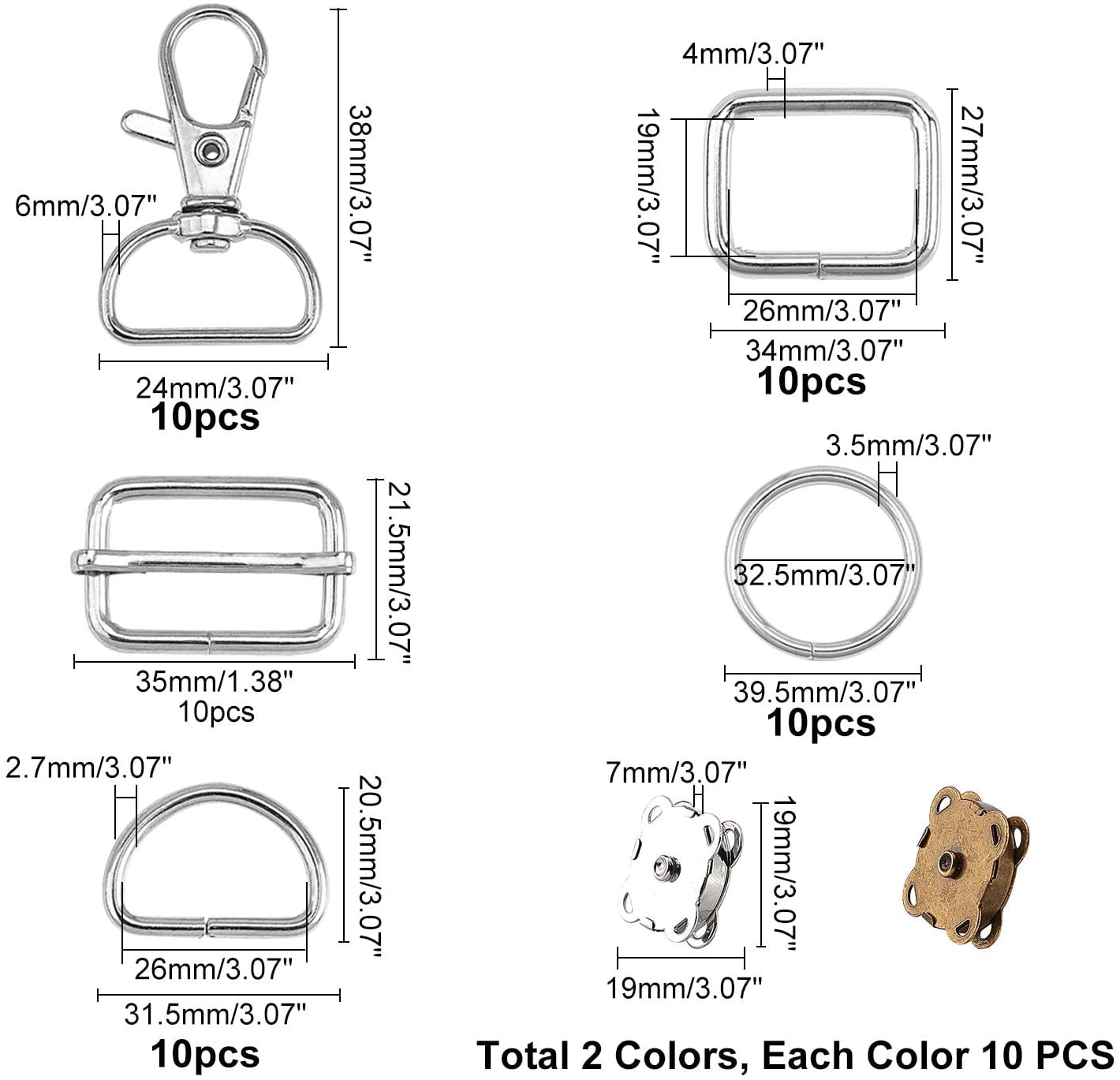 70pcs 6 styles Metal bag Clasp Kit Including 10pcs Lobster Claw Clasps 10pcs Rectangle Ring 10pcs D Rings 10pcs O Rings 10pcs Slider Buckle 20pcs Snap Clasps for DIY bag Making