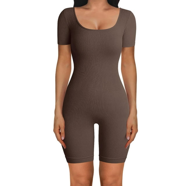 xiaxaixu Femmes Combinaison Courte, Manches Courtes Col Rond Côtelé Solide Slim Fit Playsuit pour la Rue Quotidienne