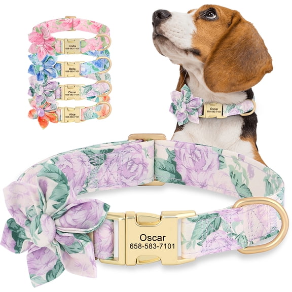 Didog Floral Nylon Personalised Dog Collar Custom Metal Buckle Adjustable Pet Necklace