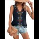thumbnail image 2 of Camiseta Sin Mangas Informal con Cuello en V, Bordada y Estampado Gráfico para Mujer, Estilo Bohemio, con Dobladillo con Borlas. Negro S, 2 of 9