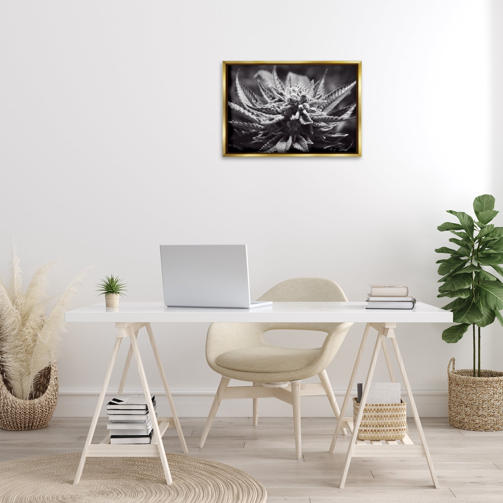 Stupell Industries Monochrome Cannabis Flower Plants & Flowers Painting Gold Floater Framed Canvas Art Print Wall Art, 25 x 17