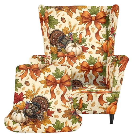 HUIACONG Thanksgiving Turkey Pumpkin Maple Print 2-Piece Wingback Chair Slipcovers, Full Elastic Hem Soft Wrinkle, Easy Install Washable Furniture Protector for Home Decor