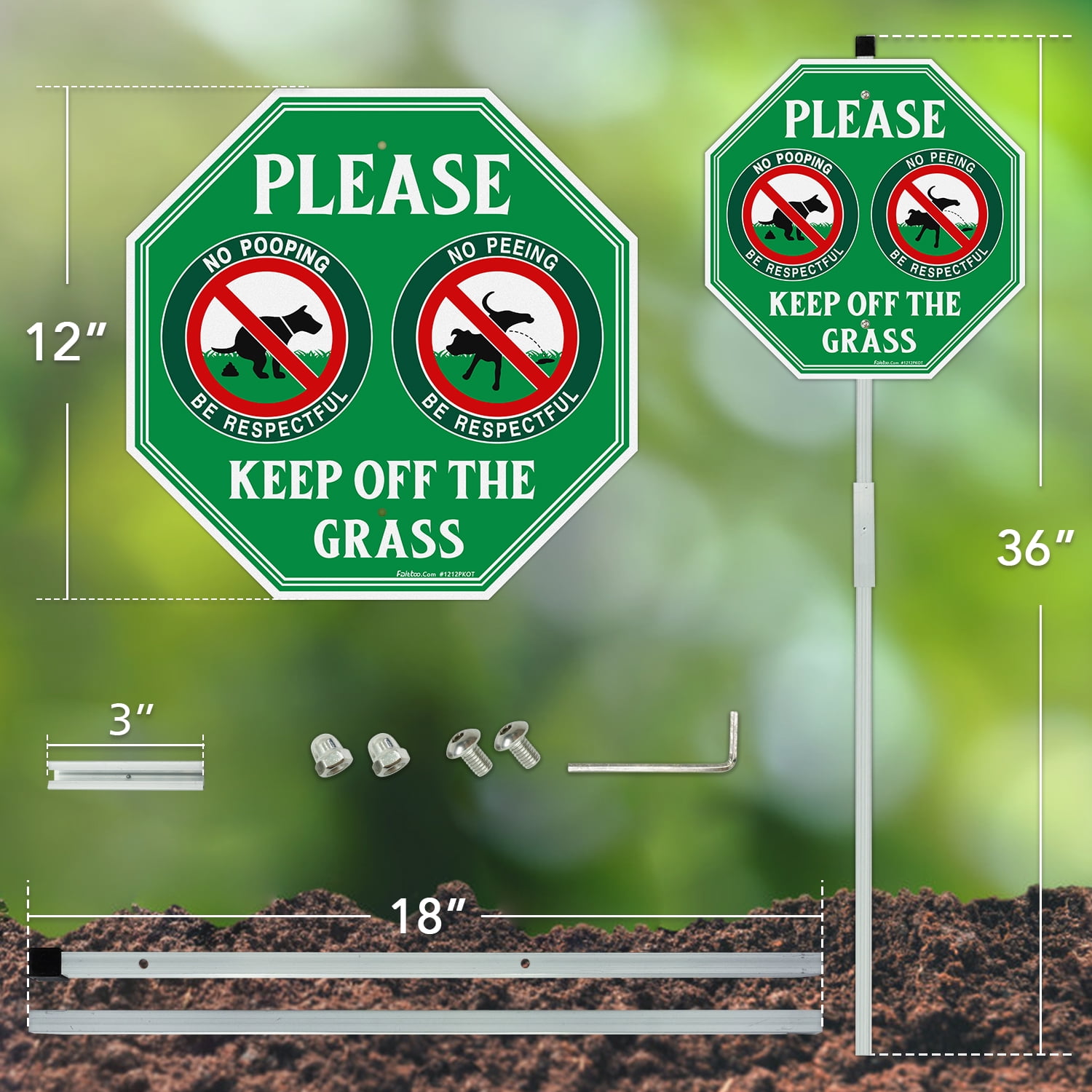 Faittoo No Peeing No Pooping Dog Sign with 36" Stake for yard 4-Pack 12"x12"Reflective Aluminum Keep off The Grass Sign