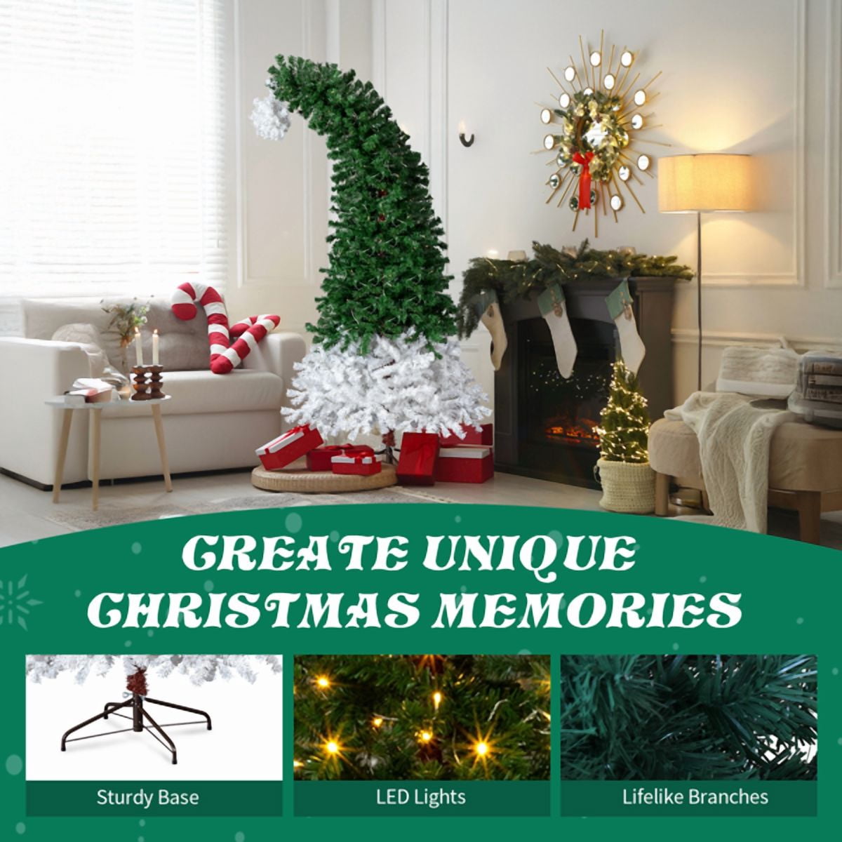Alvantor 6 ft Pre-Lit Artificial Christmas Tree, Santa Hat Style, 250 Warm White Led Lights, 839 PVC Tips, Green And White