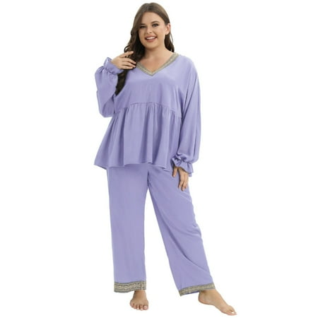 

Women s Plus Size Pajamas Sets Long Sleeve Pleated Front Tops with Pants Soft Sleepwear Loungewear Pjs Sets