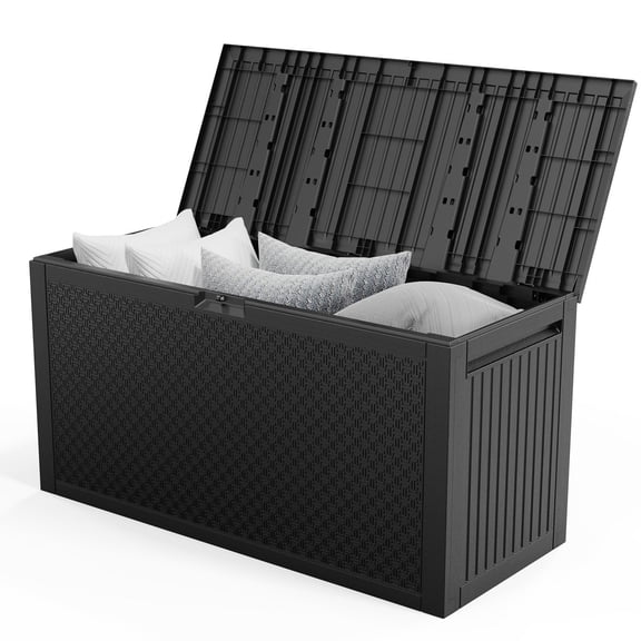 90 Gallon Black Plastic Storage Deck Box with Maze Texture Injection Molded Outdoor Patio Storage Container for Garden Tools Cushions Pool Supplies and Backyard Organization