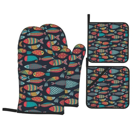 

Oven Mitts and Pot Holders Sets 4 pcs - Colorful Fish Heat Resistant Silicone Oven Gloves with Non-Slip Silicone Surface and hot pads for kitchen Baking Cooking BBQ