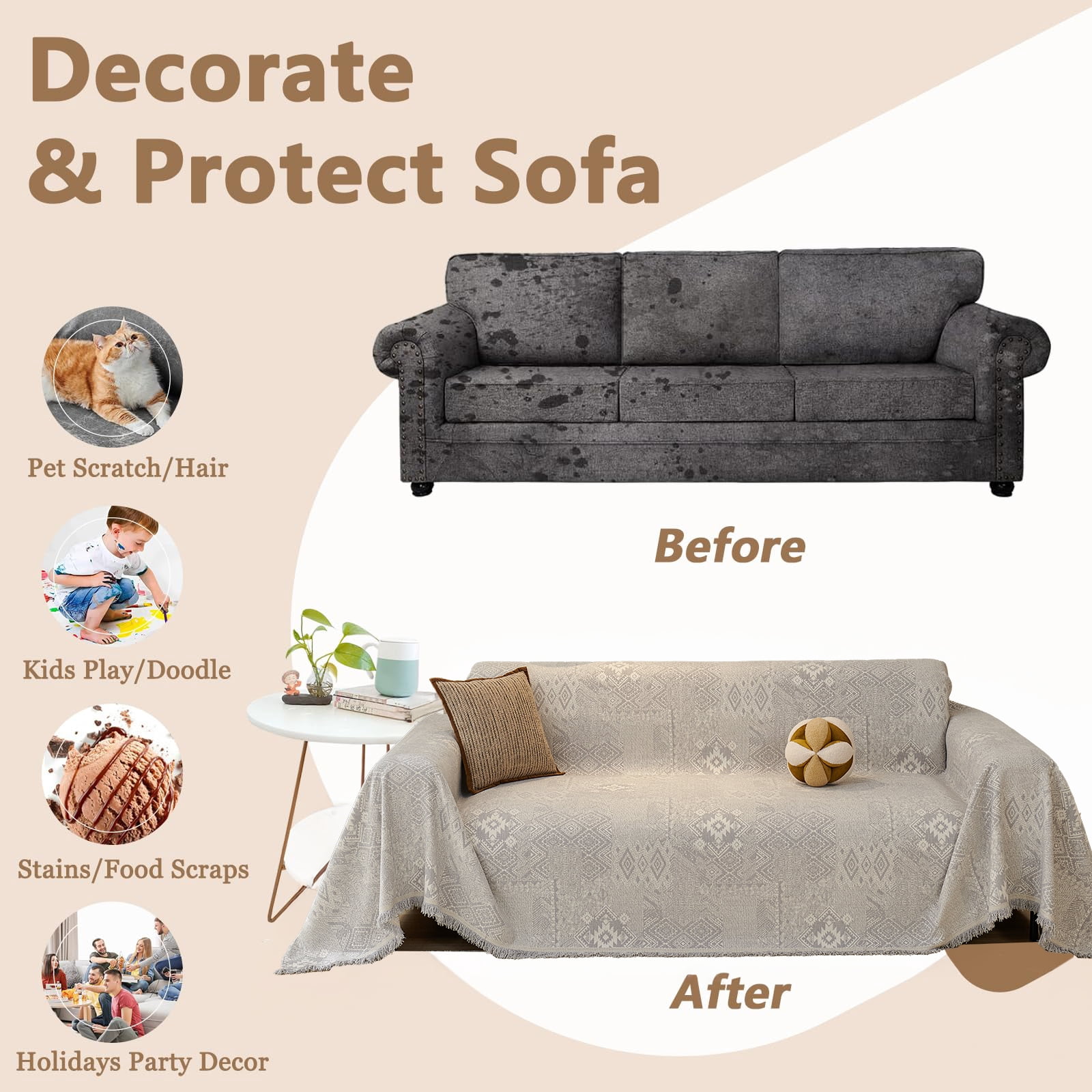 Sanmadrola Reversible Sofa Covers for 3 Cushion Couch, Geometric Jacquard Chenille Slipcover, L Shape Sectional Couch Cover with Tassels, Washable Furniture Protector for Dogs Cats Pet, 71"x118"