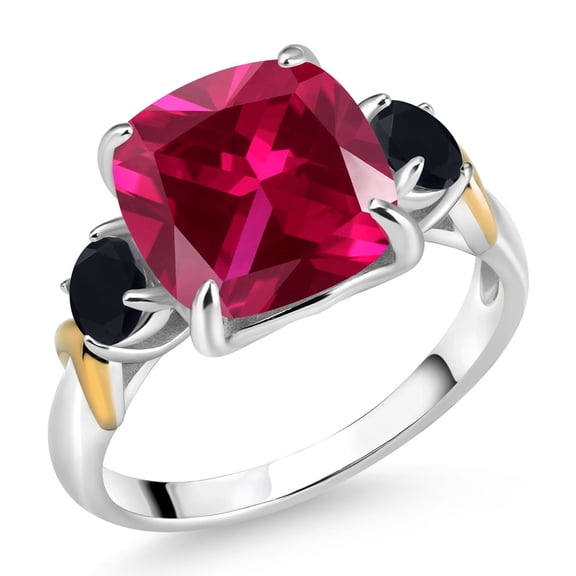 Gem Stone King 925 Silver and 10K Yellow Gold Red Created Ruby and Black Onyx 3 Stone Ring for Women (5.44 Cttw, Gemstone July Birthstone, Cushion 10MM, Round 4MM, Size 5)