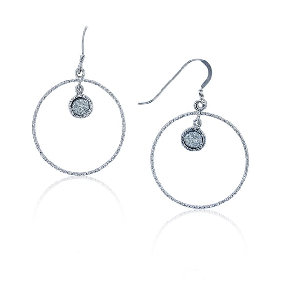 DECADENCE Sterling Silver Rhodium Dangling Glitter Diamond Cut Open Circle Hoop Earrings for Women | 25x41mm Fish Hook Drop Wire Earrings | Secure Bar Closure | 14k Shiny Classic Earrings