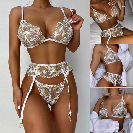 

Underwear Garter Thong Lace Bra + Suit + 3pcs Embroidered Underwire Open Crotch Lingerie for Women Satin Chemise Long Lingerie