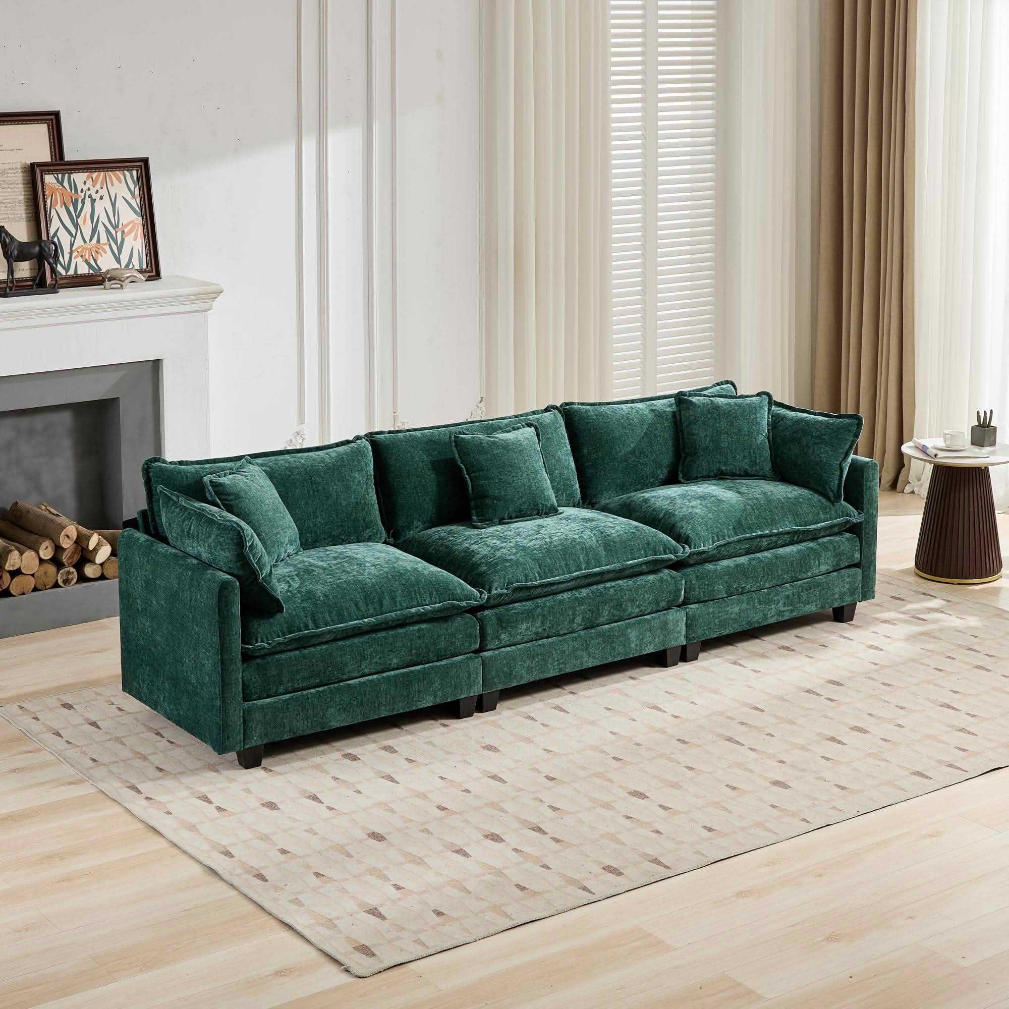 MAYEERTY 113.8 Inch Cloud 3‑Seater Modular Sectional Sofa, Chenille Couch with Double‑Layer Seat Cushion for Home Apartment, Ottoman Not Included