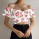 thumbnail image 2 of Blusa corta fruncida con hombros descubiertos y estampado de manga corta sin tirantes para mujer Pompotops hkajfhjk473551, 2 of 6