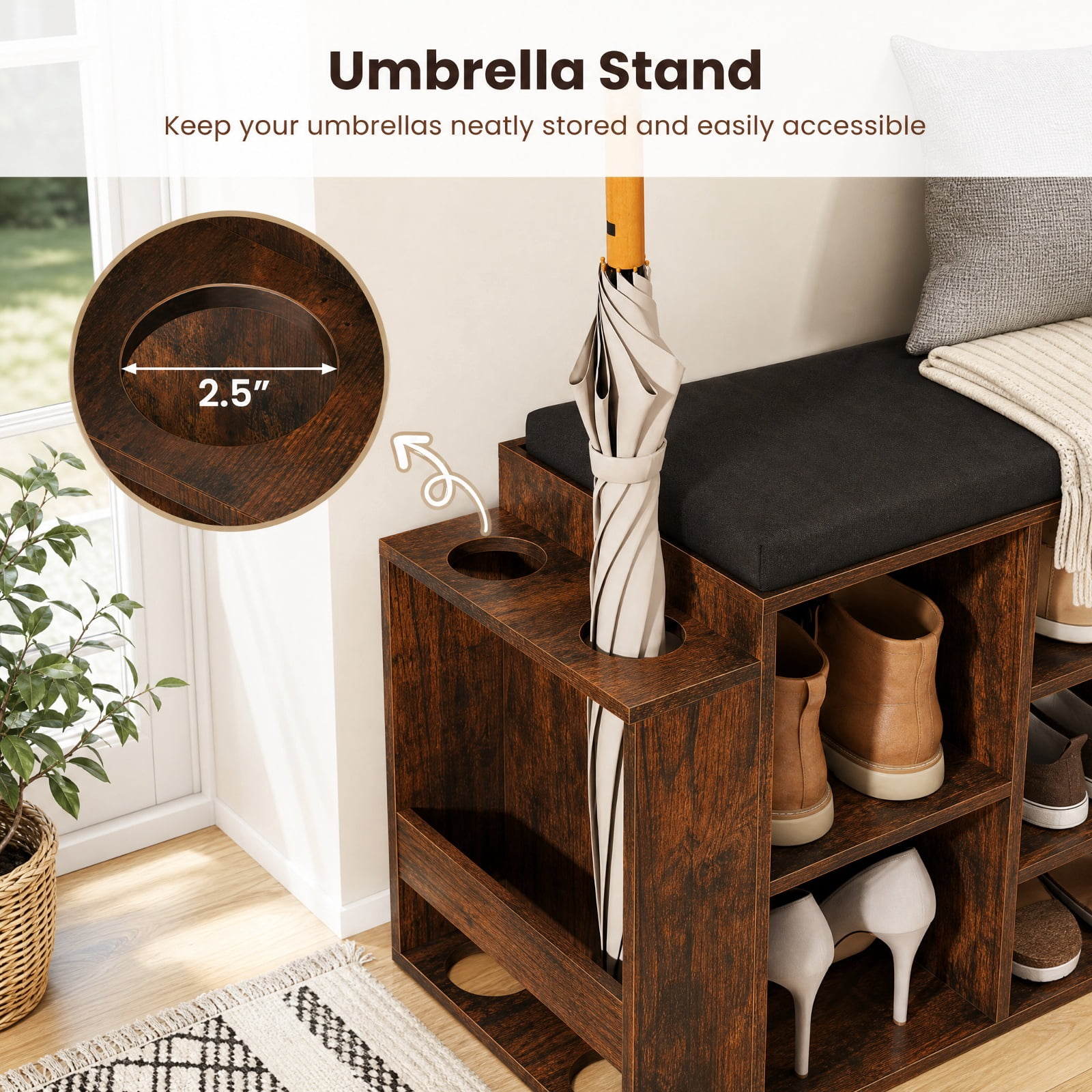 Furnibear Shoe Storage Bench with Umbrella Stand and 10 Cubby Entryway Shoe Rack Organizer with Padded Seat for Hallway Closet, Rustic Brown