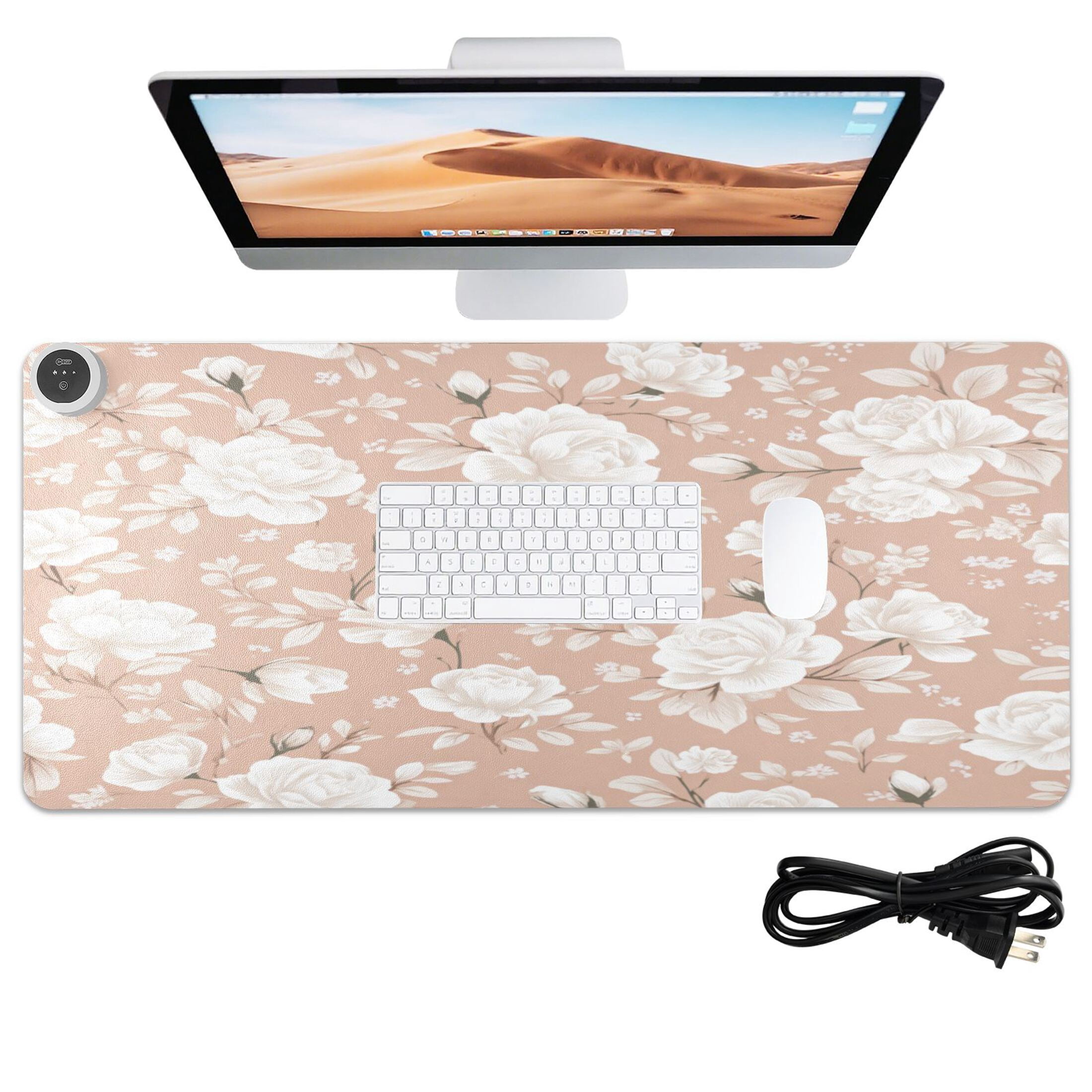 Large Heated Desk Mat Mouse Pad 31.5"x13"PU Leather Graphene Heating Desk Warmer with 3 Temperature Settings 110V US Plug Non-Slip Warm Pad for Home, Office, and Gaming Vintage Taupe Rose Print