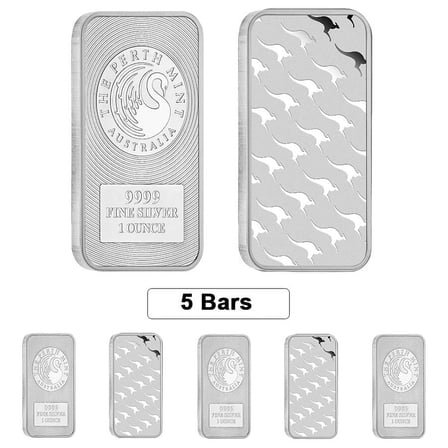 Lot of 5 - 1 oz Australia Perth Mint Silver Kangaroo Bar .9999 Fine