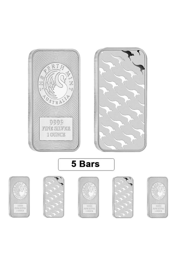 Lot of 5 - 1 oz Australia Perth Mint Silver Kangaroo Bar .9999 Fine