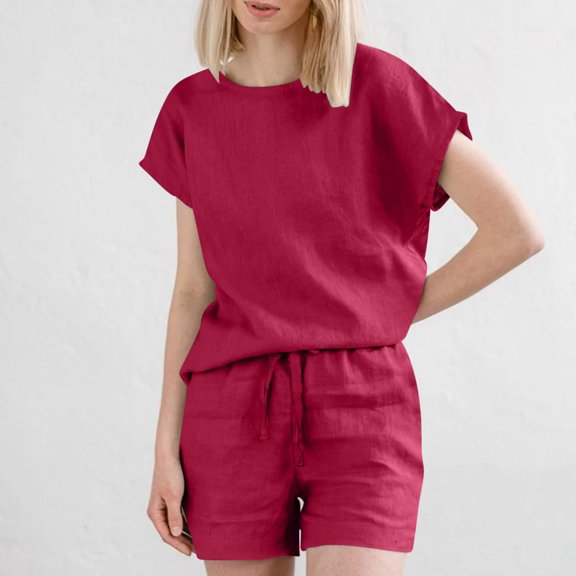 gbyLJF Women Two Piece Sets Summer Short Sleeve Shorts Sets Cotton Linen Loungewear Outfits Trendy 2026