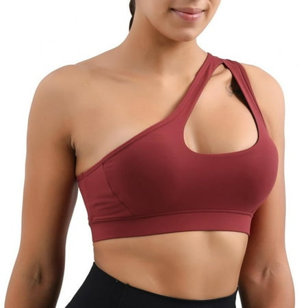 

One Shoulder Sports Bra for Women Padded Yoga Bra Wirefree Cute Medium Support Workout Bras with Removable Cups