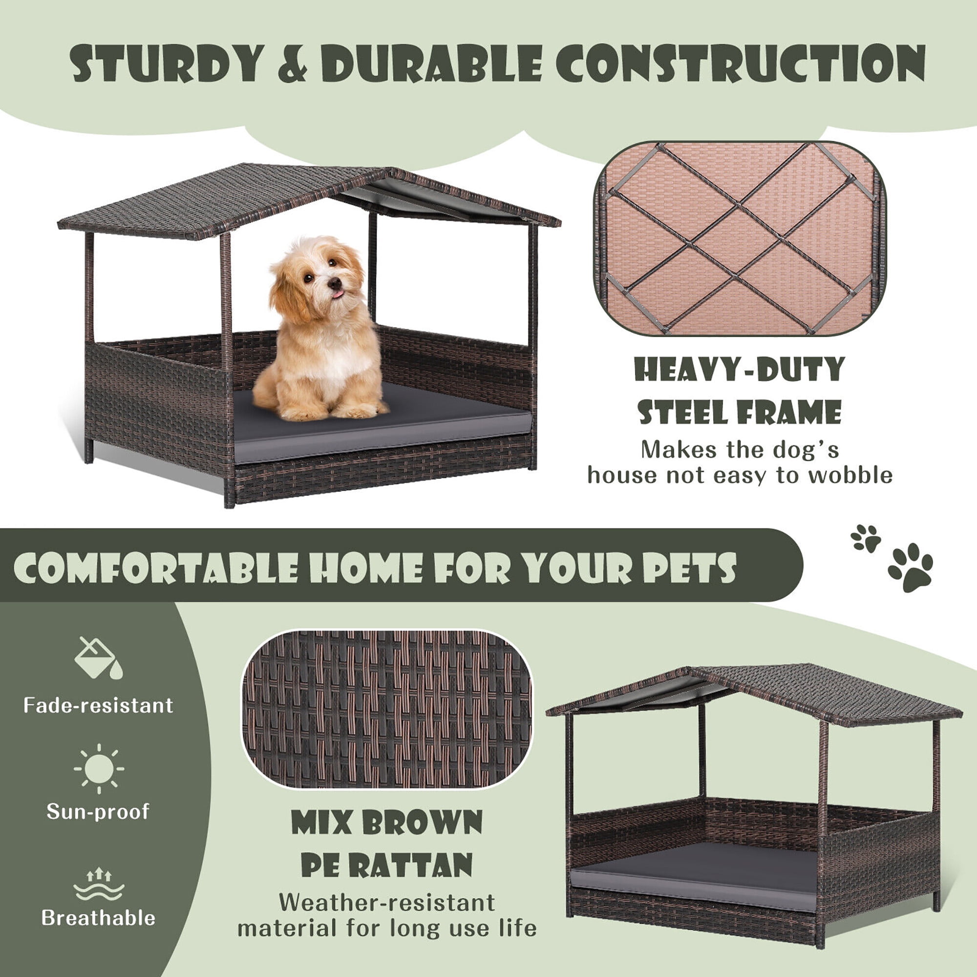 Gymax Wicker Dog House w/ Cushion Lounge Raised Rattan Bed for Indoor/Outdoor Grey